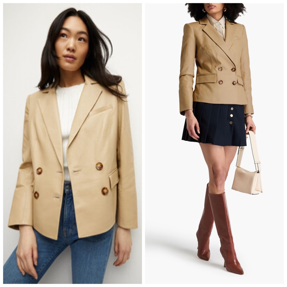 Veronica Beard Kona Double Breasted Genuine Leather Blazer Beige Size 2‎